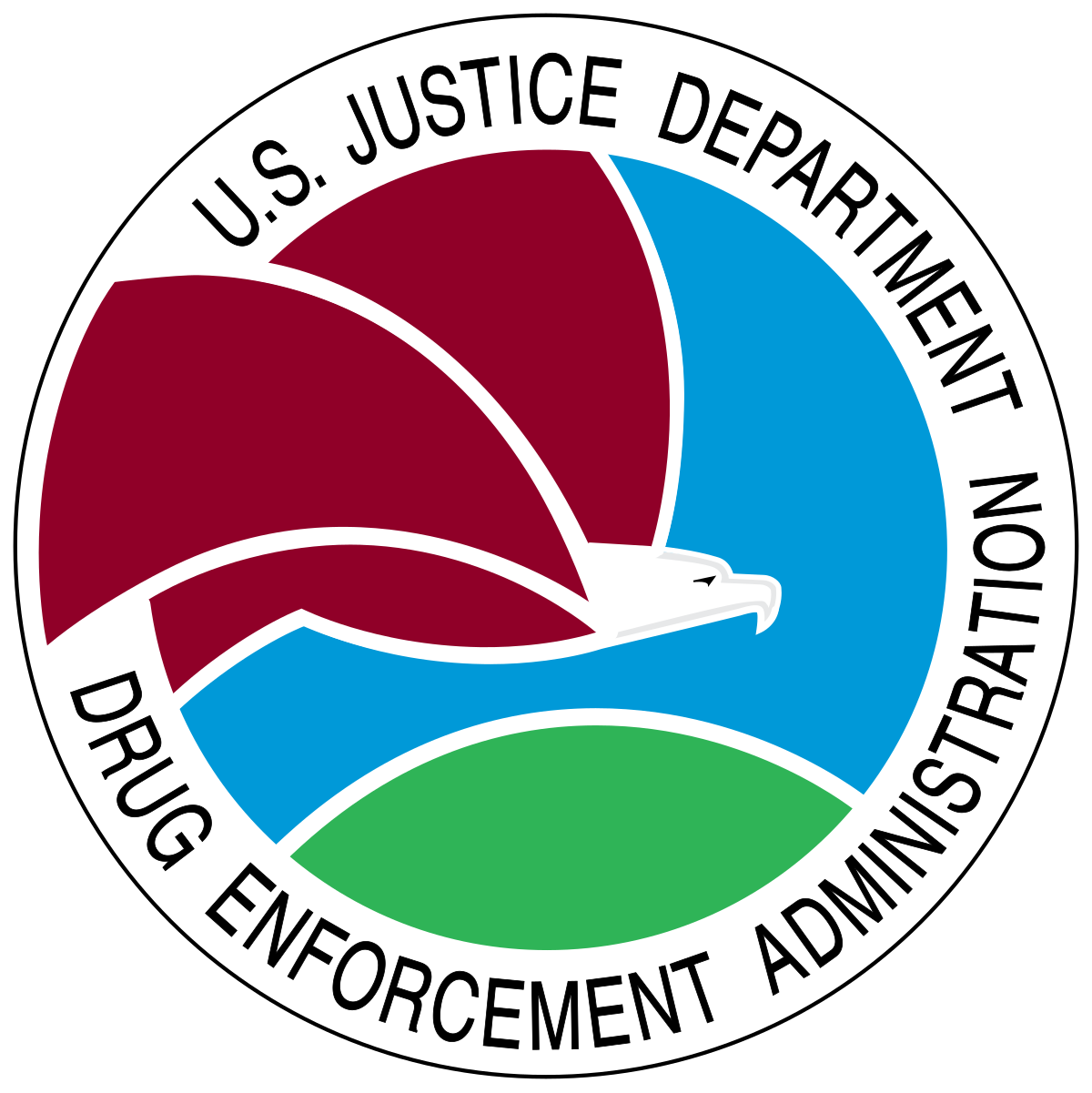The circular official seal of the U.S. Drug Enforcement Administration featuring a stylized eagle over blue and green fields.