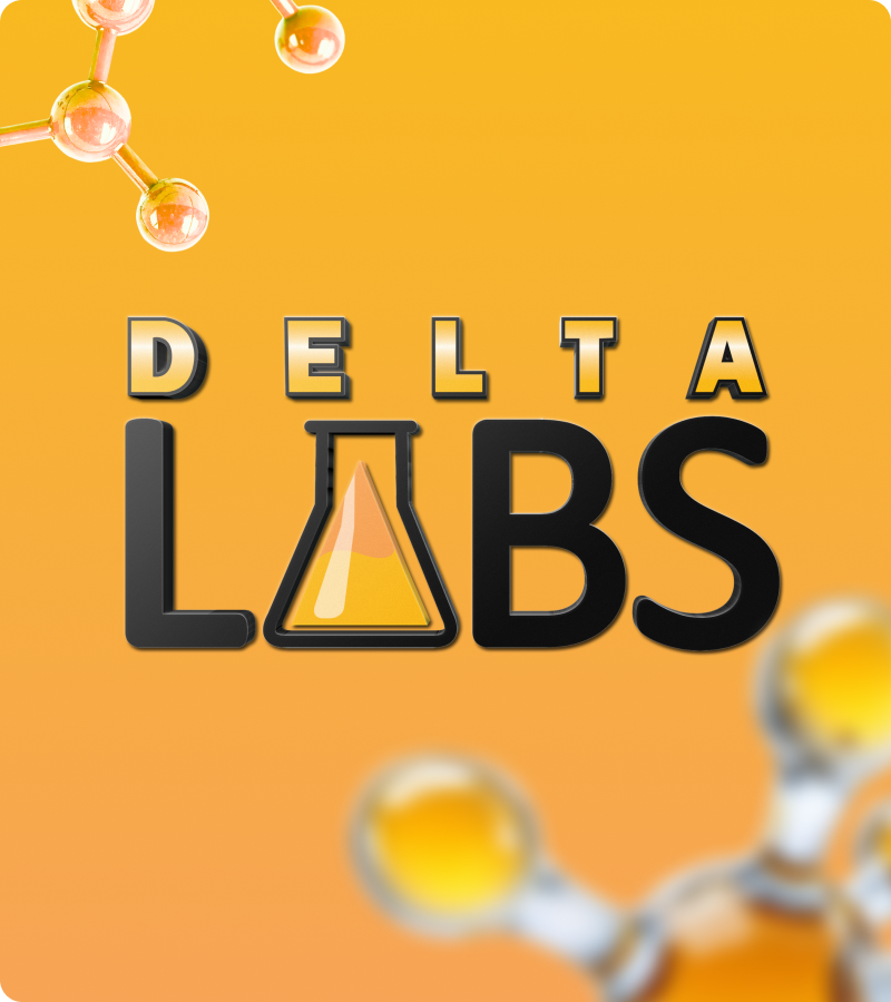Delta Labs logo featuring an orange-toned science motif, including a flask icon and abstract molecular structures.
