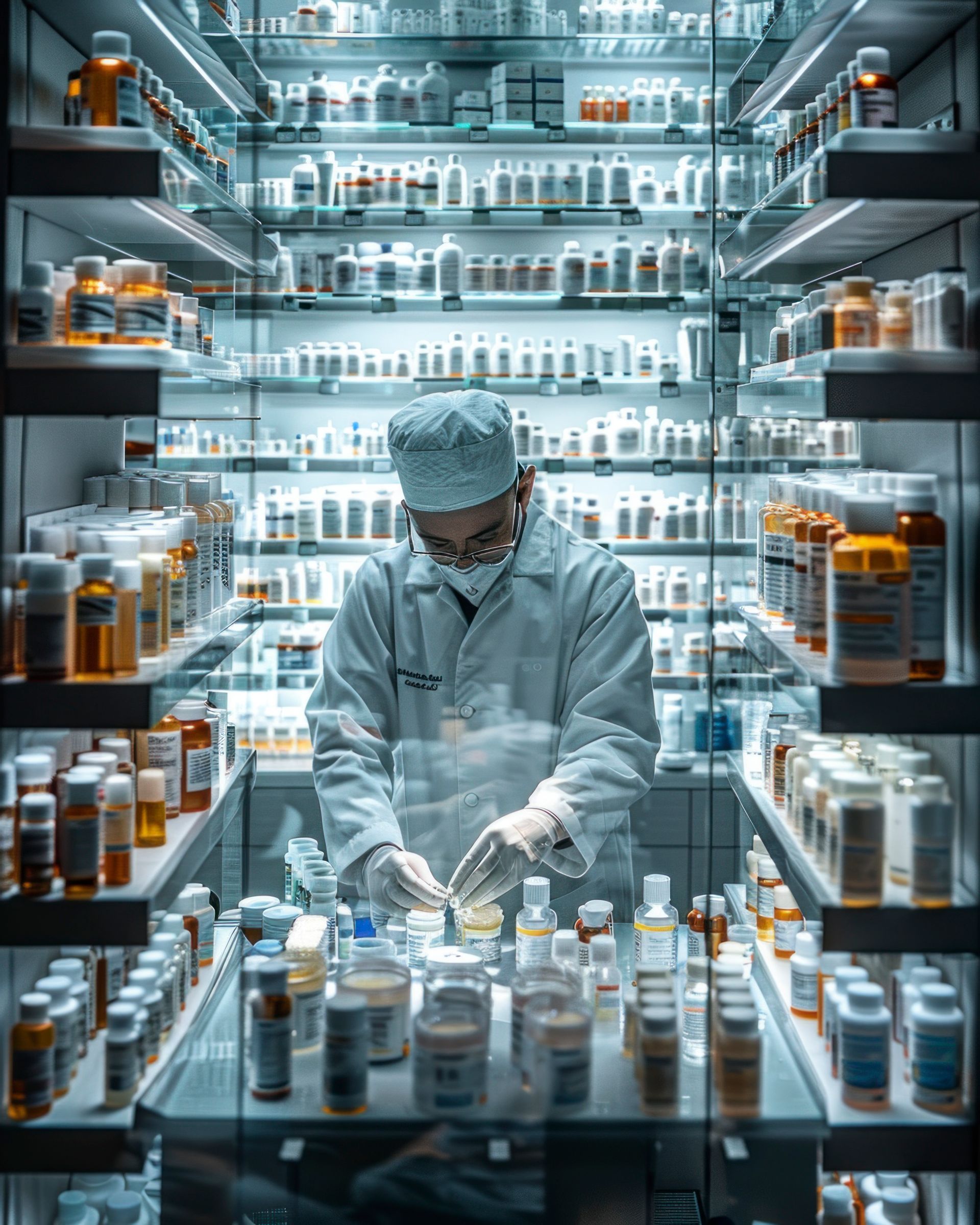 A pharmacist in a white lab coat and cap works in a brightly lit, sterile pharmacy, surrounded by rows of medicine bottles.