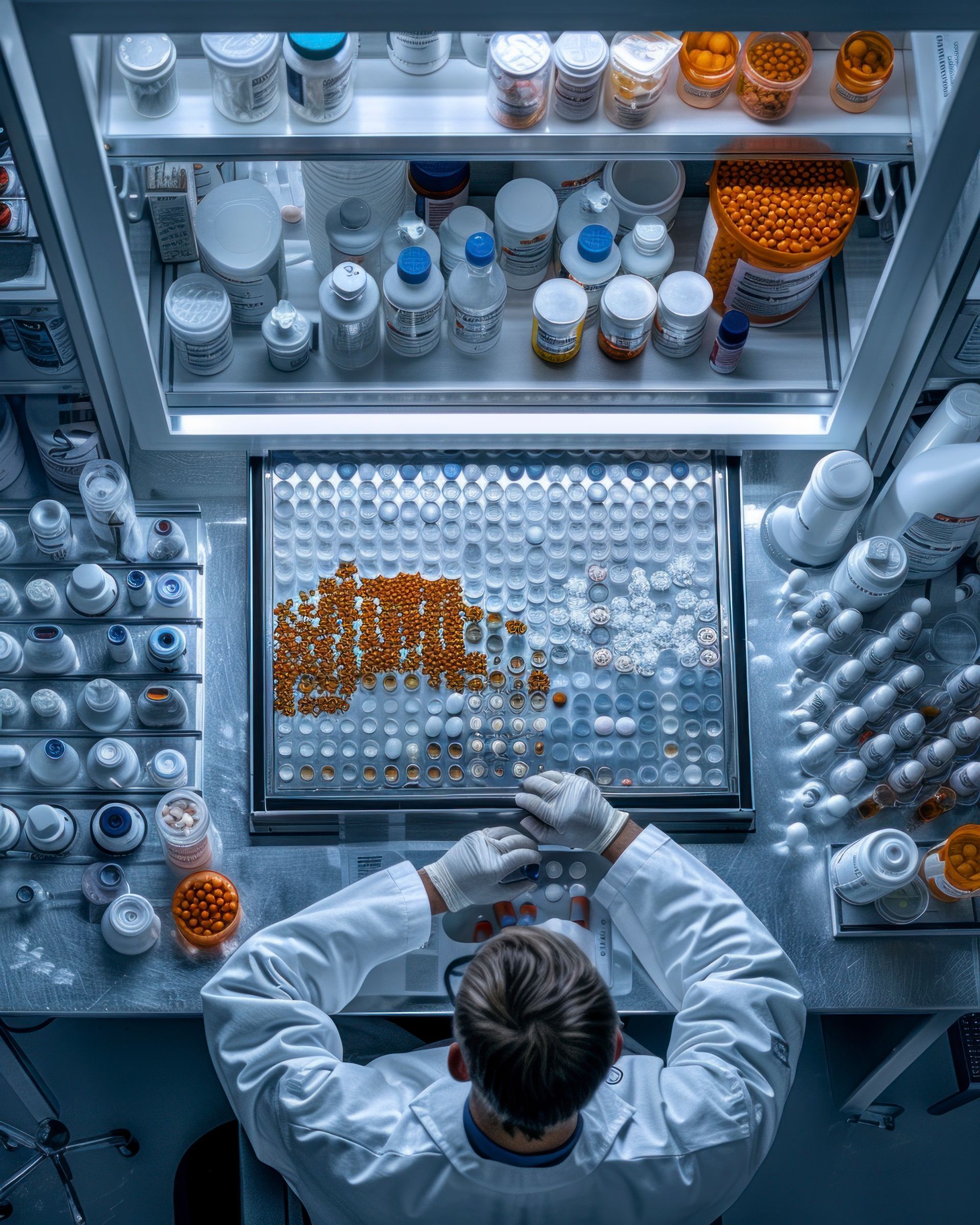 A scientist in a white coat works at a table sorting and organizing many small pills in a well-lit laboratory setting.