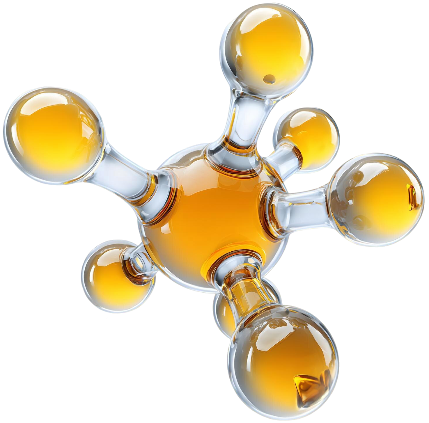 A central orange sphere connected to six smaller surrounding spheres by glass-like rods against a white background.