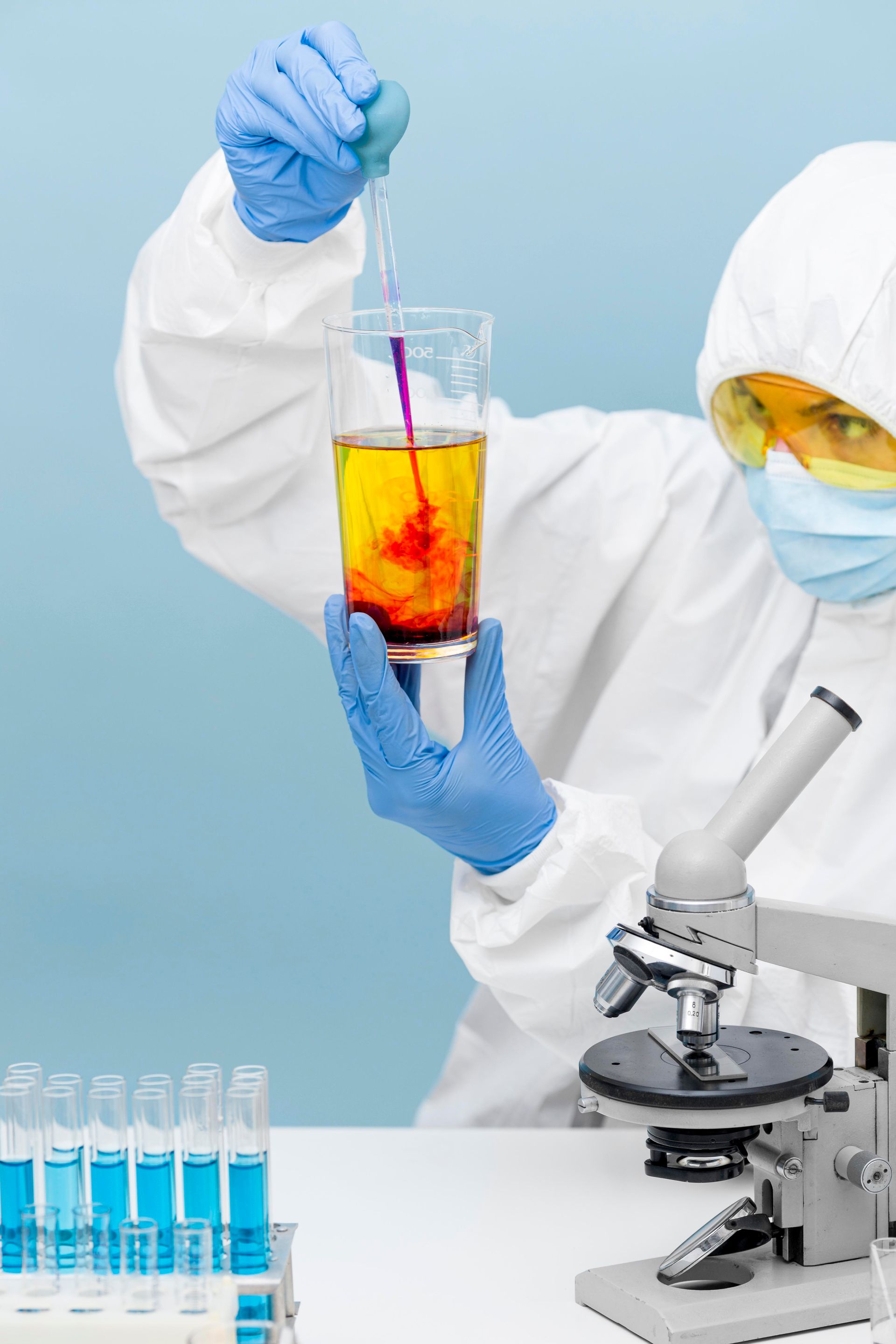A scientist in a protective suit and safety glasses adds a purple liquid to a glass of yellow solution by a microscope.