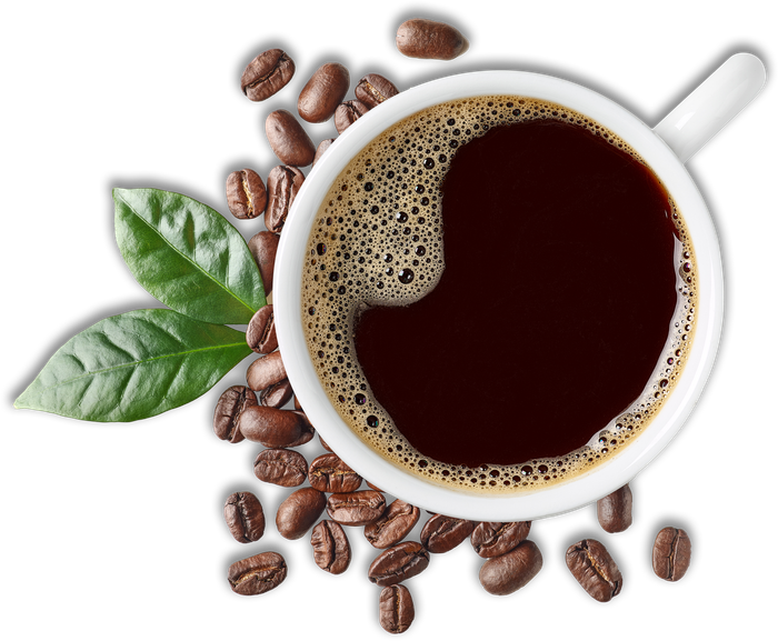 Cup of Coffee Surrounded by Coffee Beans and Leaves