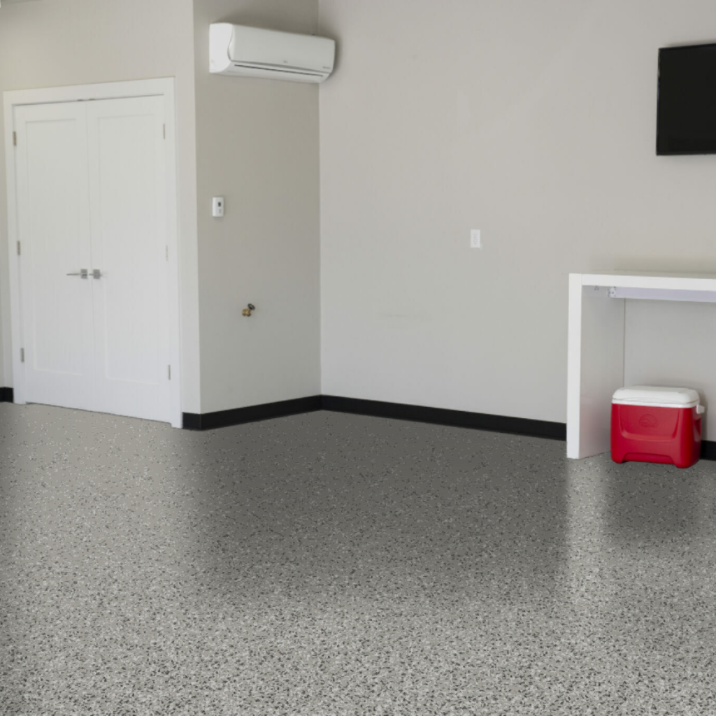 Epoxy Coating was installed in a garage with the color blend Domino. 