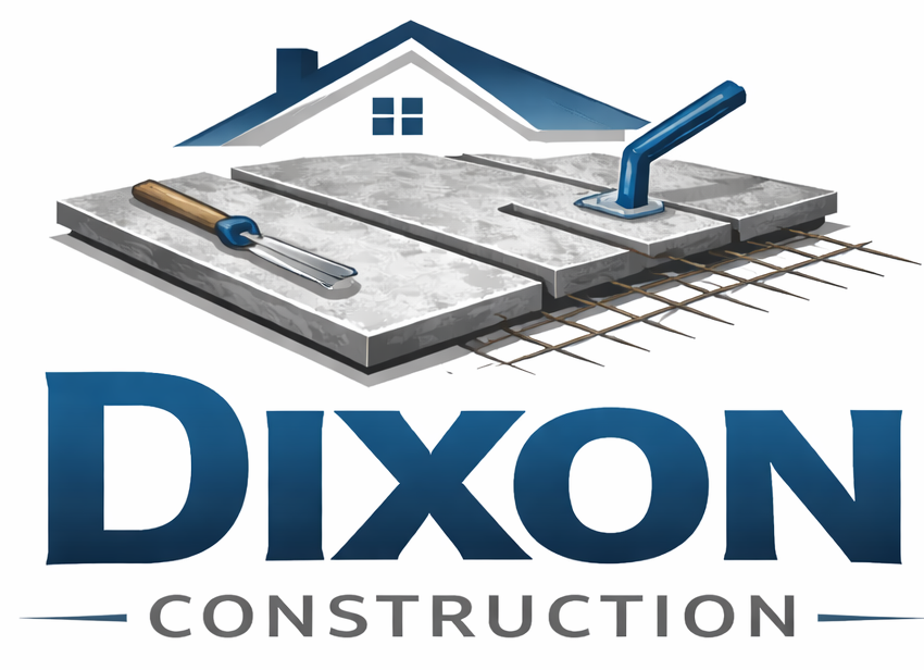 Dixon Construction logo: Concrete slab with tools, small house icon above, and company name in blue.