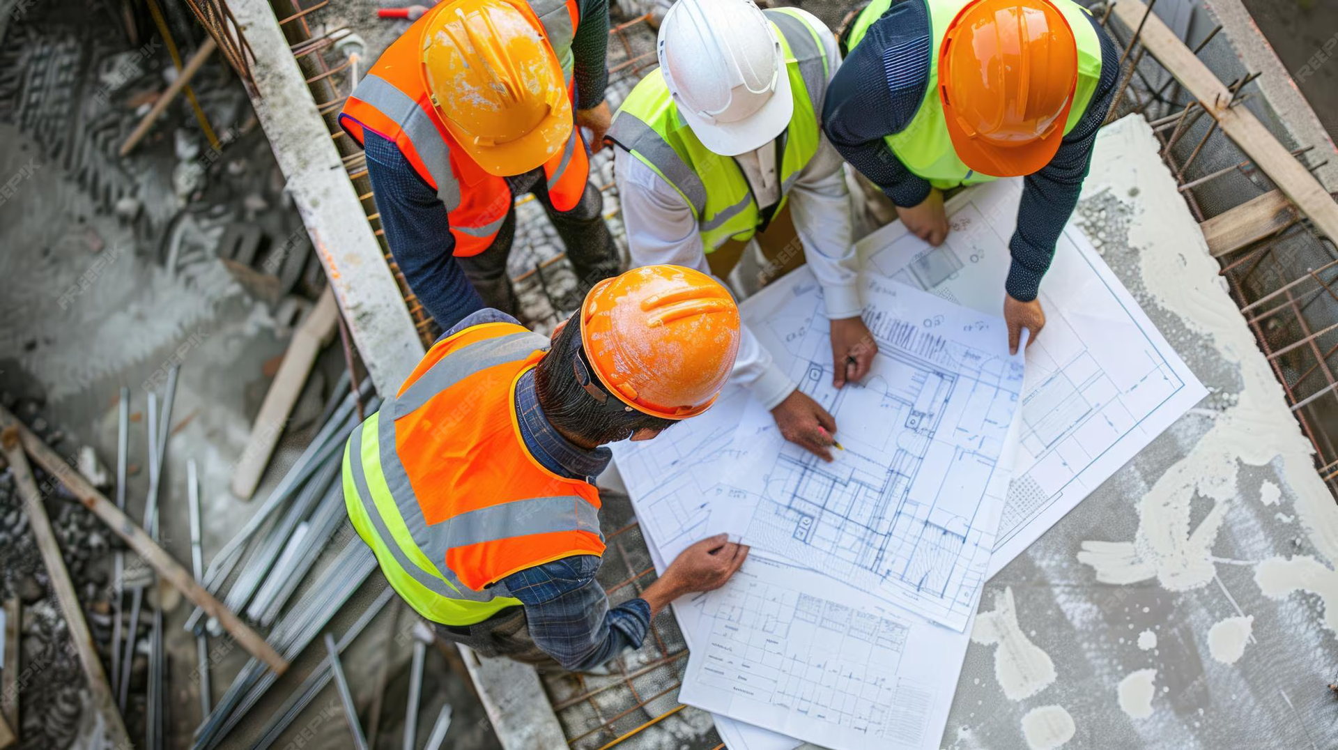 Construction workers in hard hats and vests review blueprints at a building site.