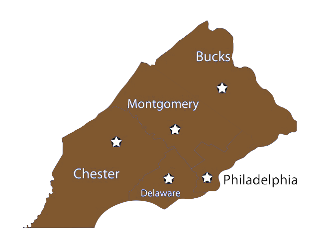 Map of southeastern Pennsylvania counties, labeled with locations, brown outline.