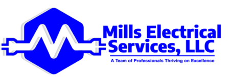 The logo for mills electrical services llc is blue and white