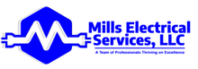 The logo for mills electrical services llc is blue and white