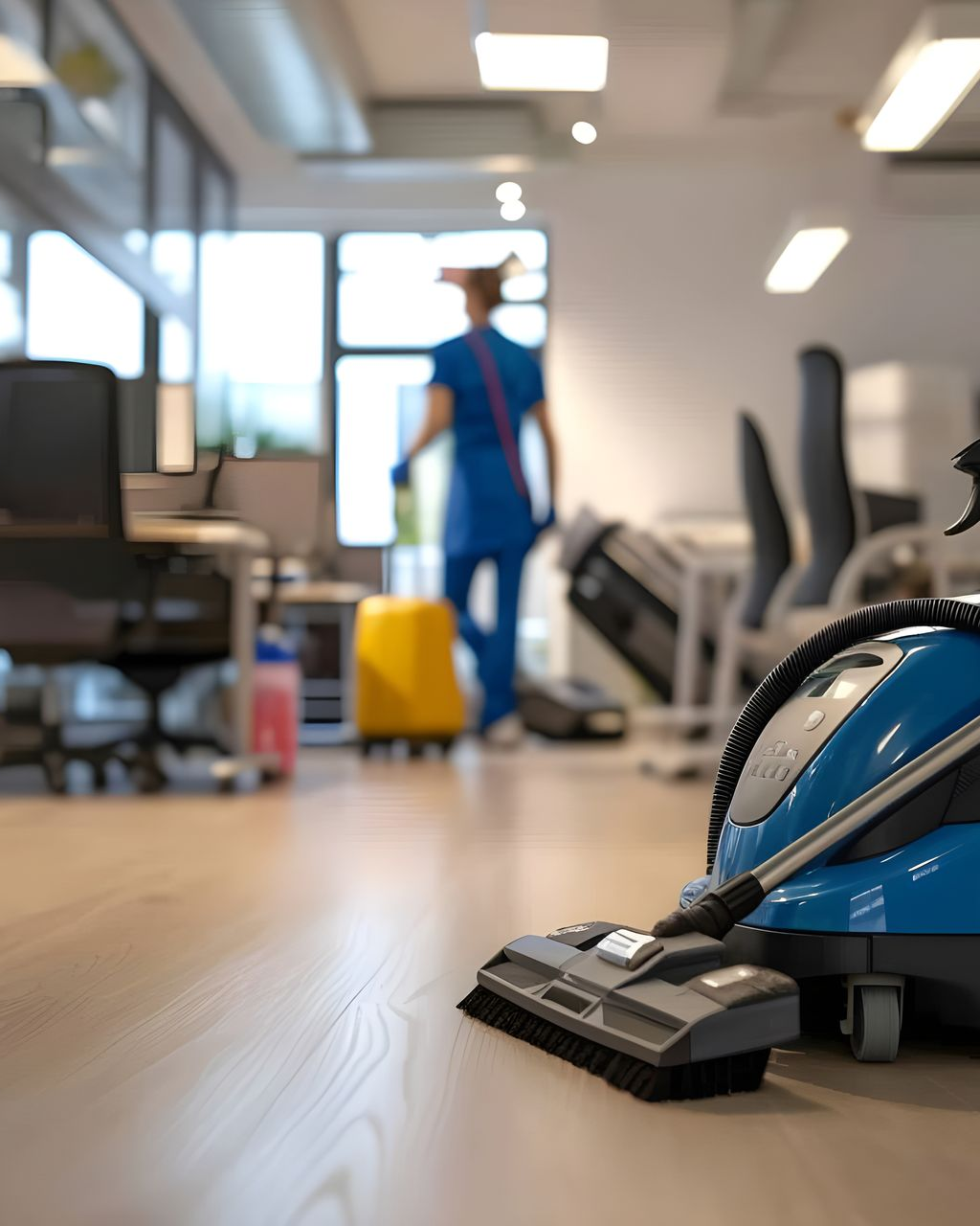 Vacuum cleaner on floor of office with cleaner walking away.