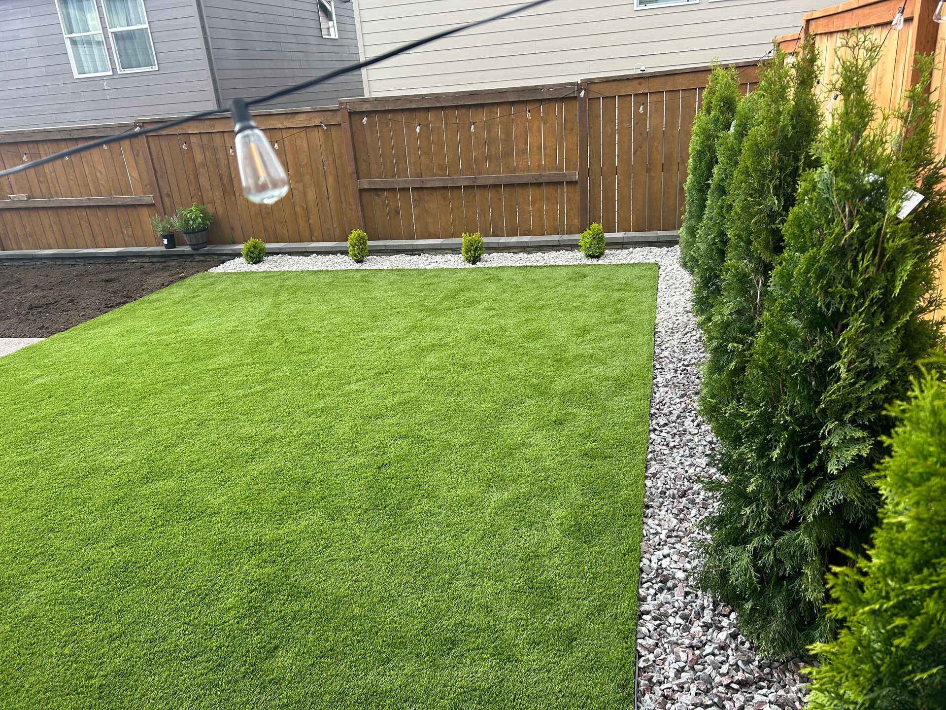 A backyard with a lush green lawn and a wooden fence.