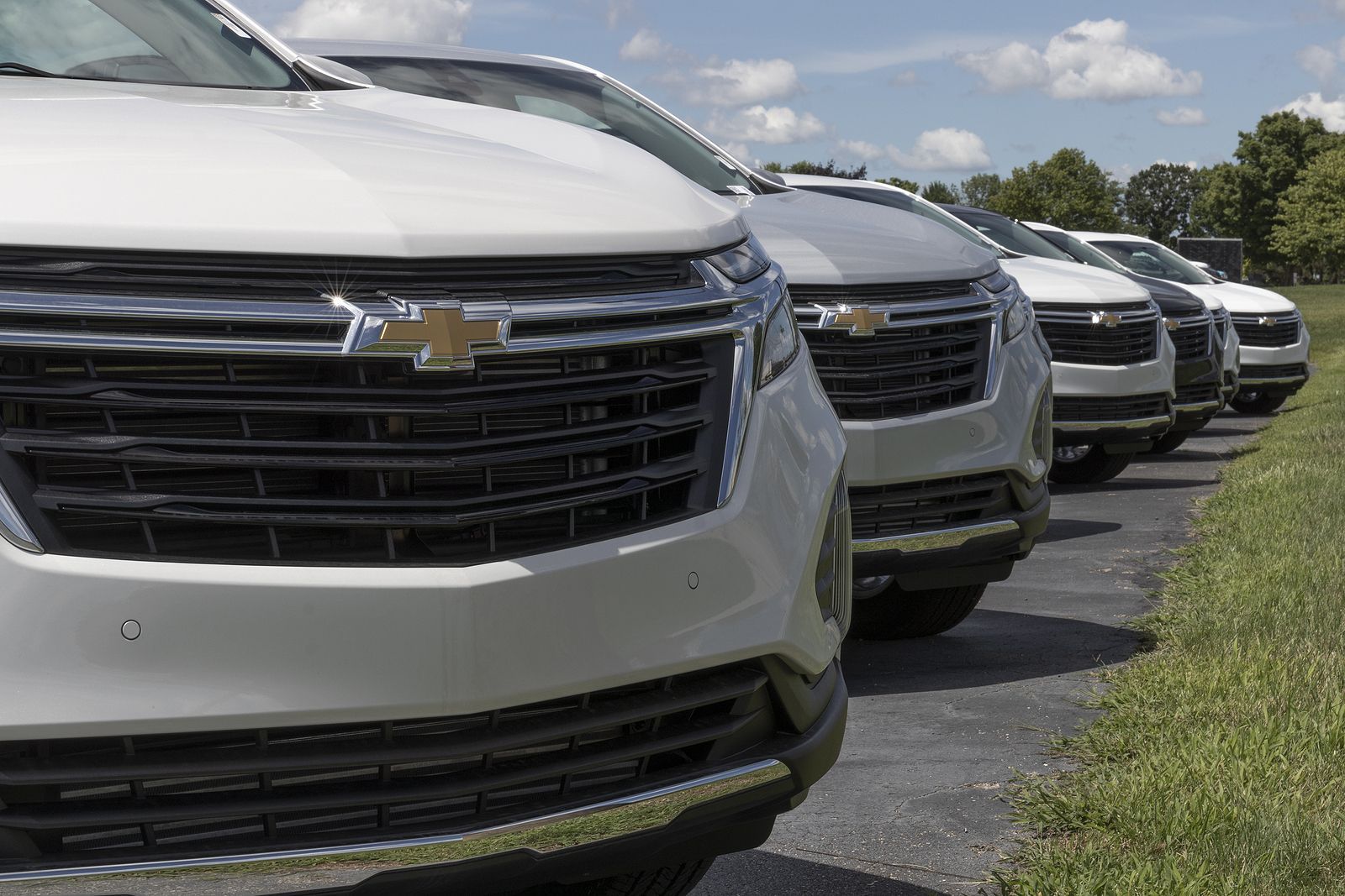Row of white Chevrolet Equinox SUVs parked on asphalt.