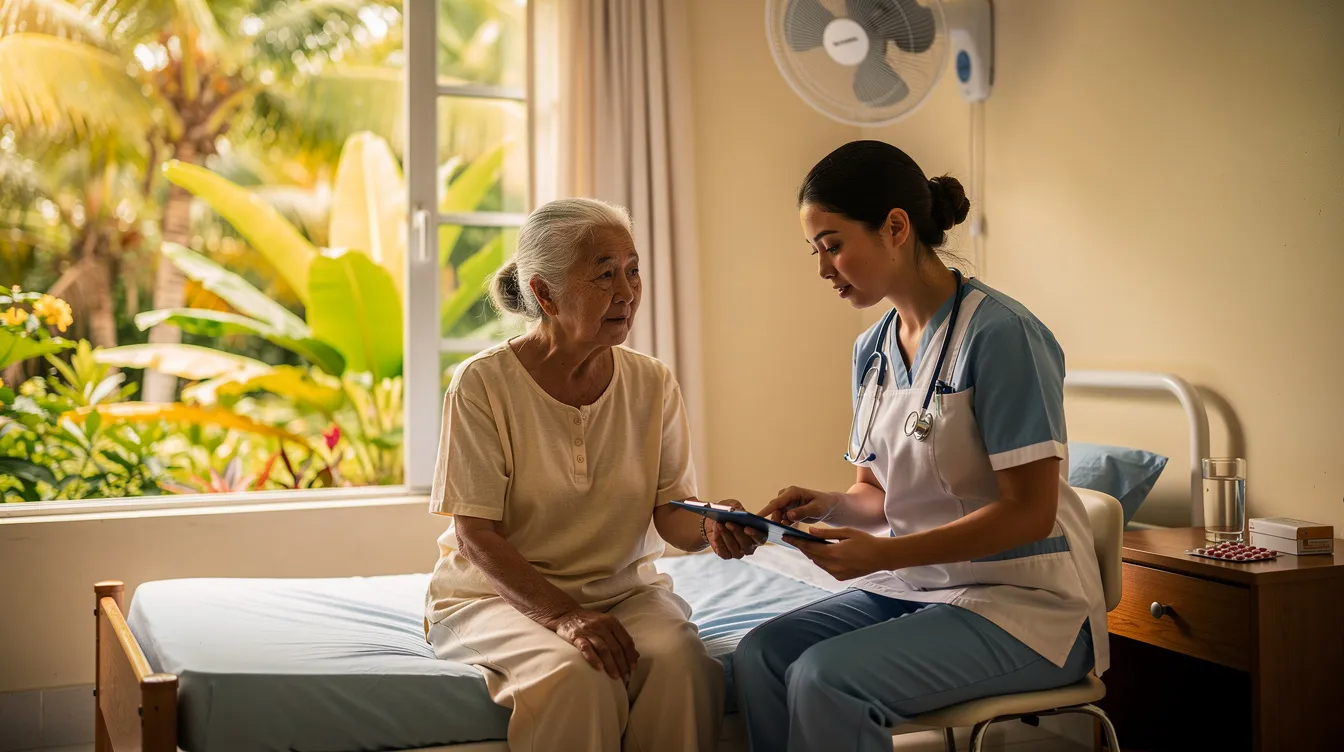 A nurse is visiting an elderly patient at home, providing compassionate care in a tropical setting with lush greenery visible through the window. This scene highlights the importance of healthcare providers in managing chronic conditions and ensuring personalized wound care for improved patient outcomes.