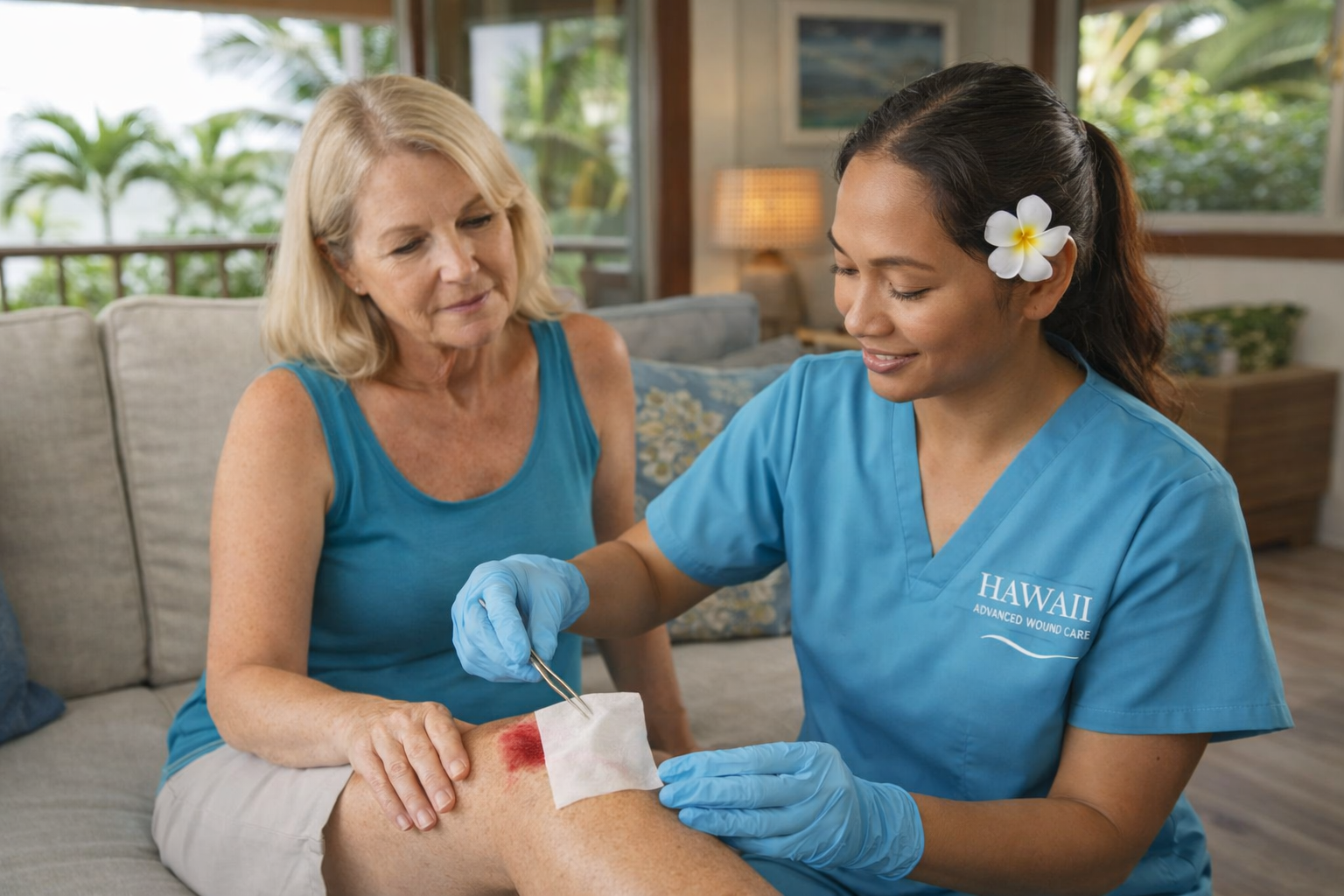 A medical professional in blue scrubs cleans a wound on a patient’s knee while they sit together on a sofa.