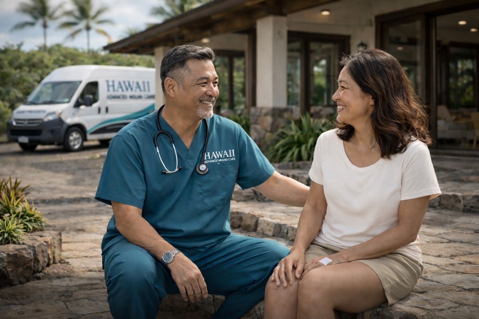 A healthcare worker in blue scrubs with a stethoscope talks warmly to a patient outdoors near a mobile medical clinic van.