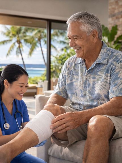 A healthcare worker wraps a bandage around a patient's lower leg in a room overlooking an ocean view.