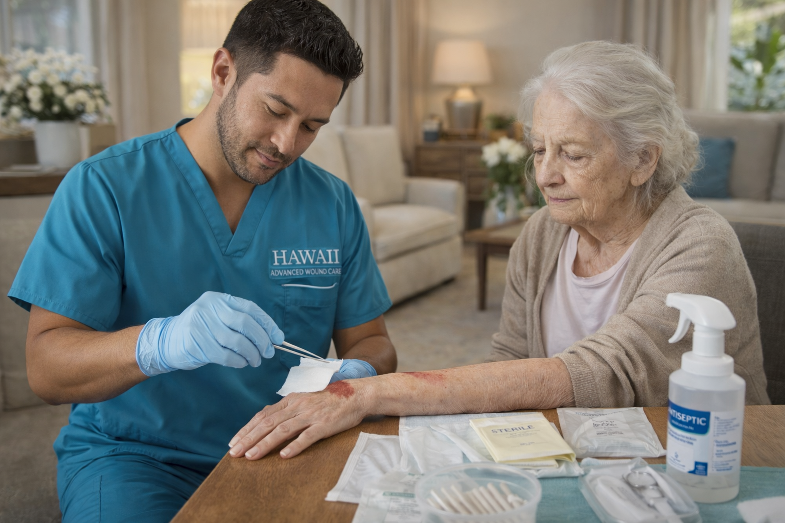 A healthcare professional wearing blue scrubs and gloves tends to a wound on a person's forearm in a home setting.
