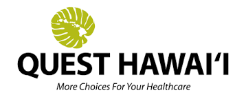 Logo for Quest Hawai'i featuring a lime green monstera leaf icon with the state of Hawai'i inside, and the text below.