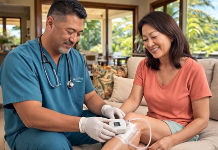 A healthcare provider in blue scrubs applying a portable wound care device to a patient's leg while sitting on a couch.