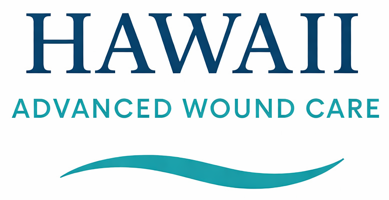 Logo for Hawaii Advanced Wound Care with blue text and a teal wave graphic underneath.