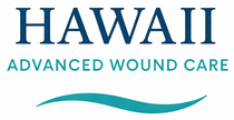 Logo for Hawaii Advanced Wound Care with blue text and a teal wave graphic underneath.