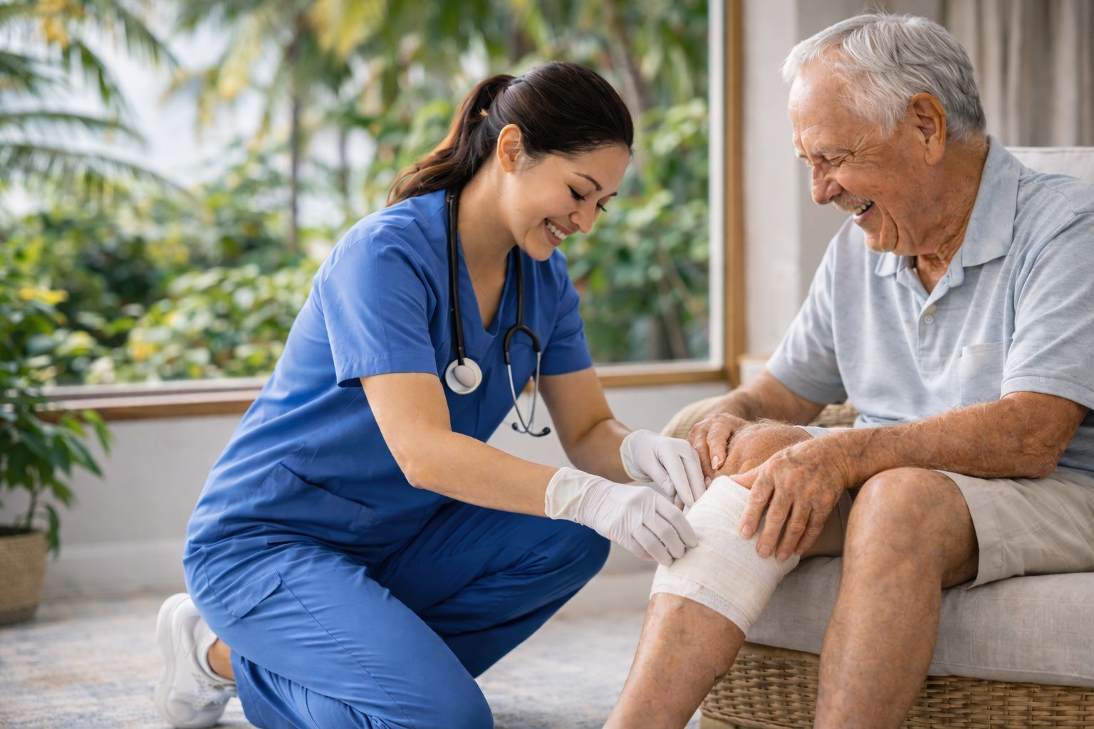 A healthcare worker in blue scrubs kneels to bandage the knee of a patient sitting in a chair near a window.