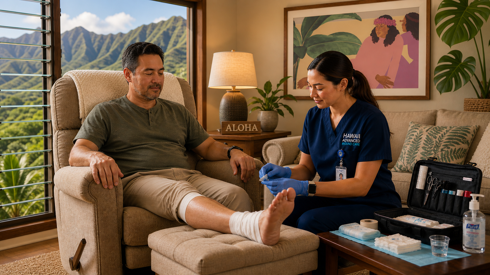 Caregiver adjusting a man’s bandaged knee in a cozy living room with mountains visible outside.
