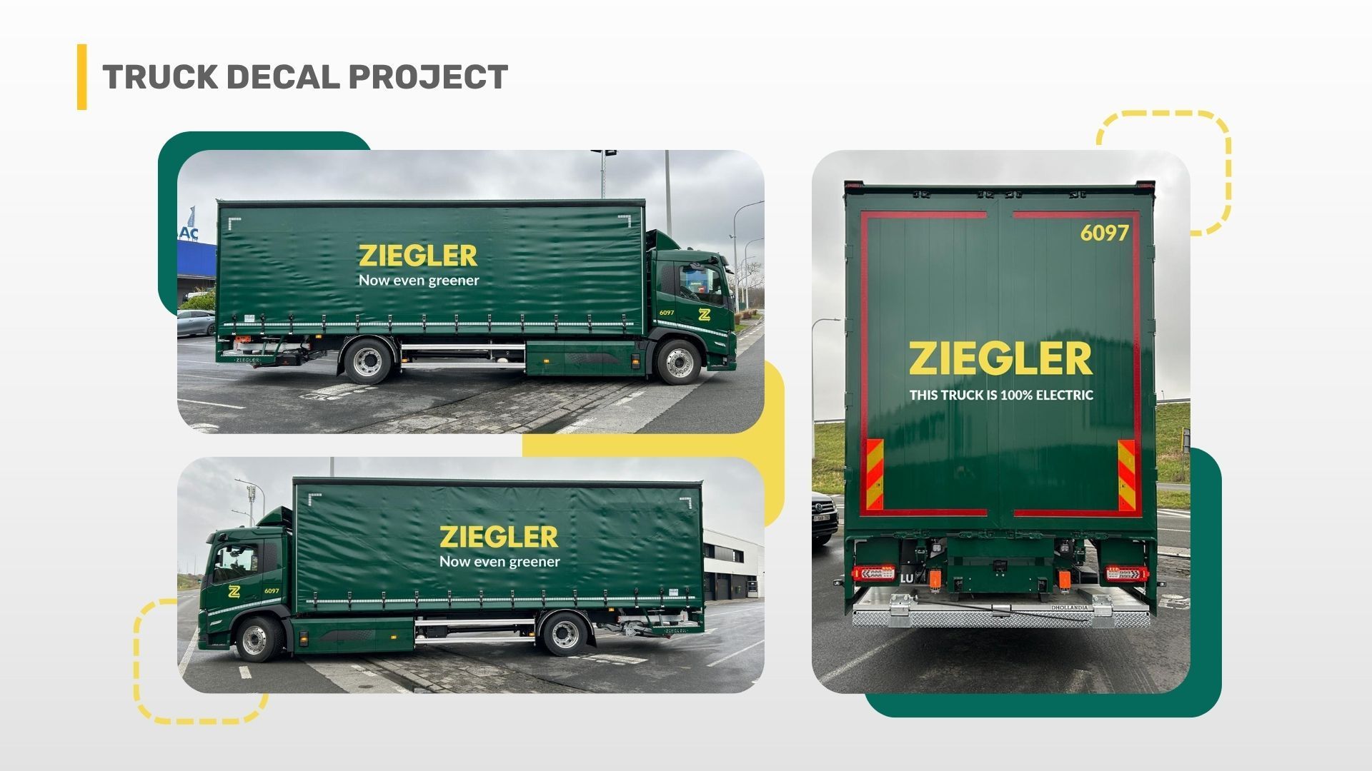 Truck decal project showing side and back views of a green Ziegler truck.