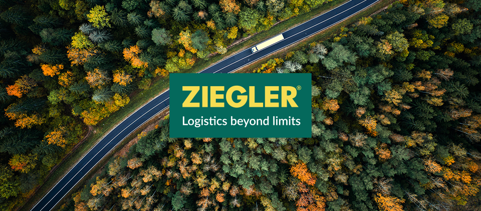 Green Ziegler truck, podcast badge, and brochure on a banner, advertising freight rate insights.