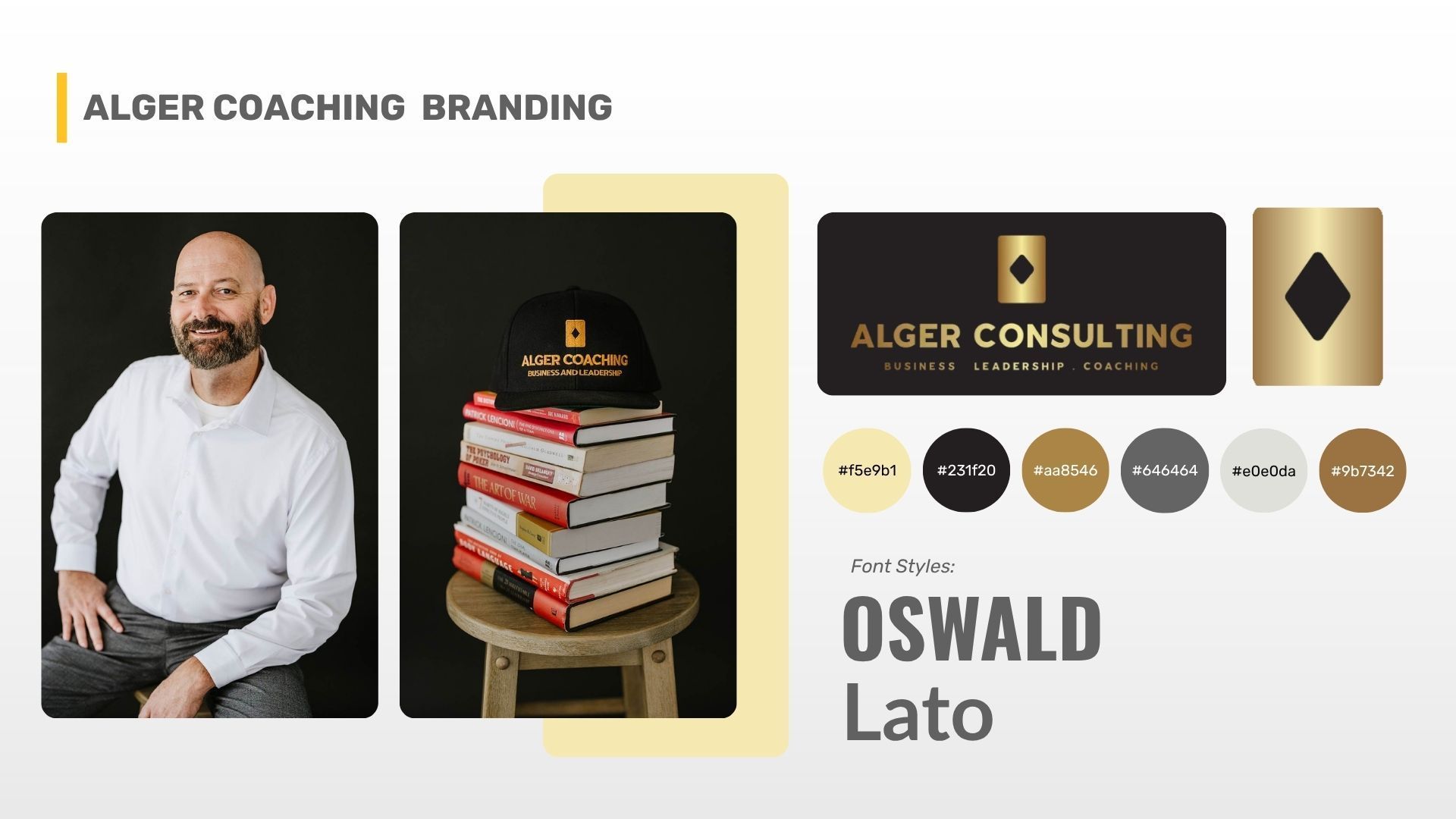 Branding slide for Alger Coaching: man, books, logo, color palette. Black, gold, white, gray.
