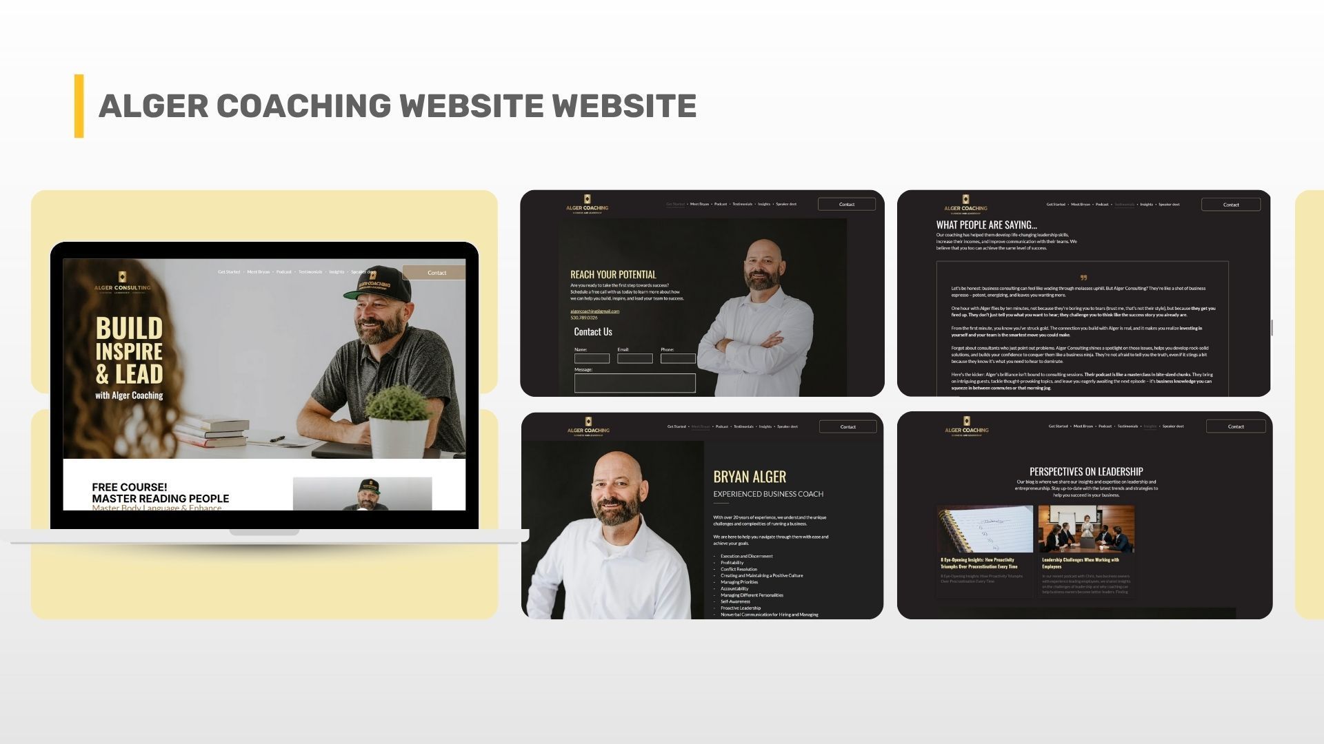 Alder Coaching website design mockup: laptop, three desktop pages with dark backgrounds and photos.