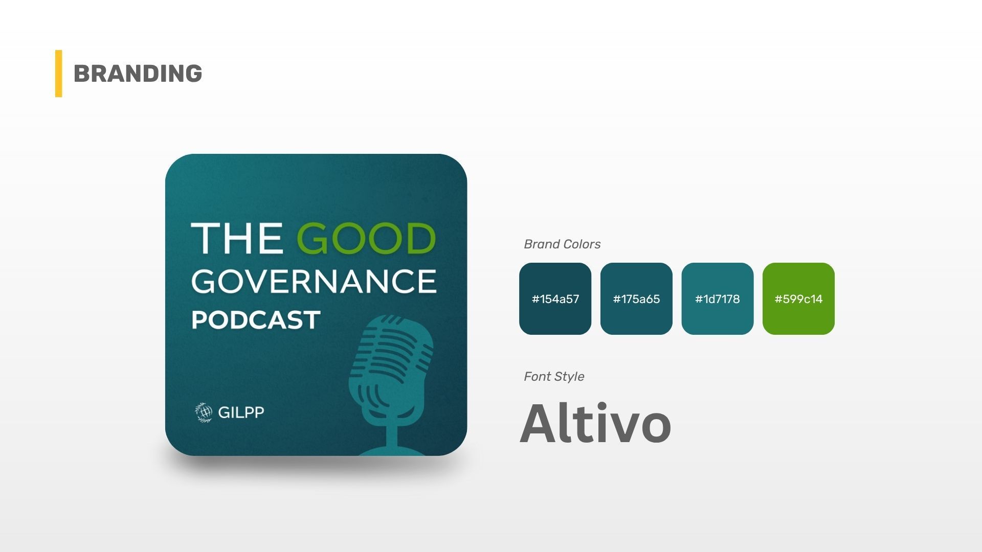 Branding slide with a podcast logo, color palette (teal, blue-green, green), and the 