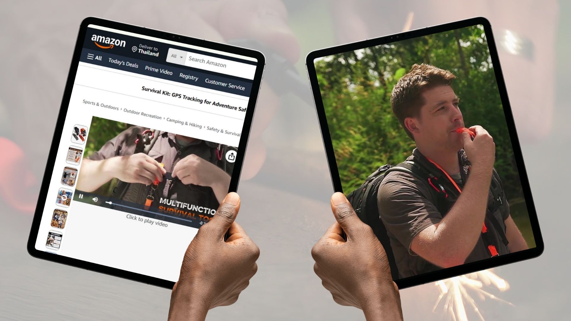 Two tablets displaying LuxoGear Amazon ad video and lifestyle footage of a survival whistle in outdoor use.