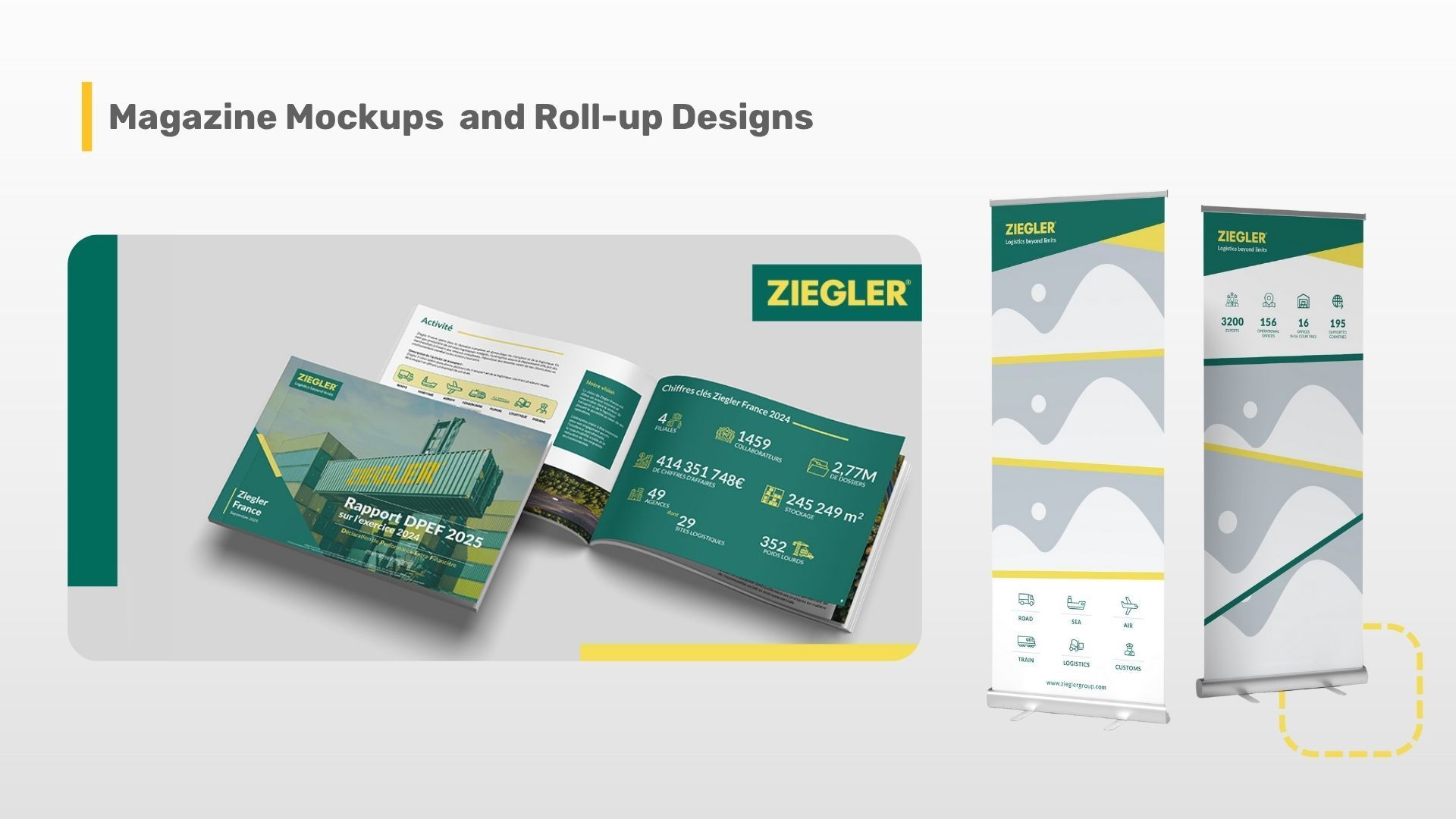 Magazine mockup and roll-up designs. ZIEOLER branding in green and yellow on a magazine and two roll-up banners.