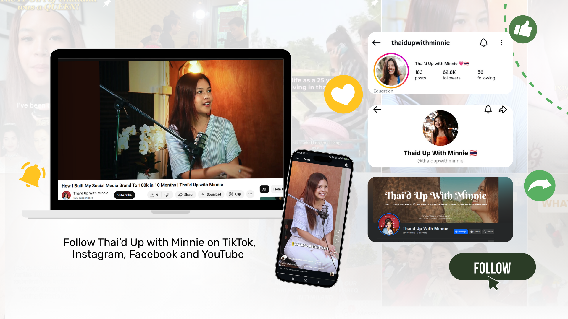 Woman in a video, laptop, and phone, promoting social media accounts: TikTok, Instagram, Facebook, and YouTube.