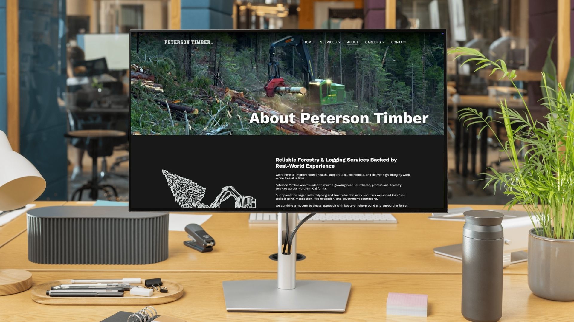 Website about Peterson Timber displayed on a computer monitor.
