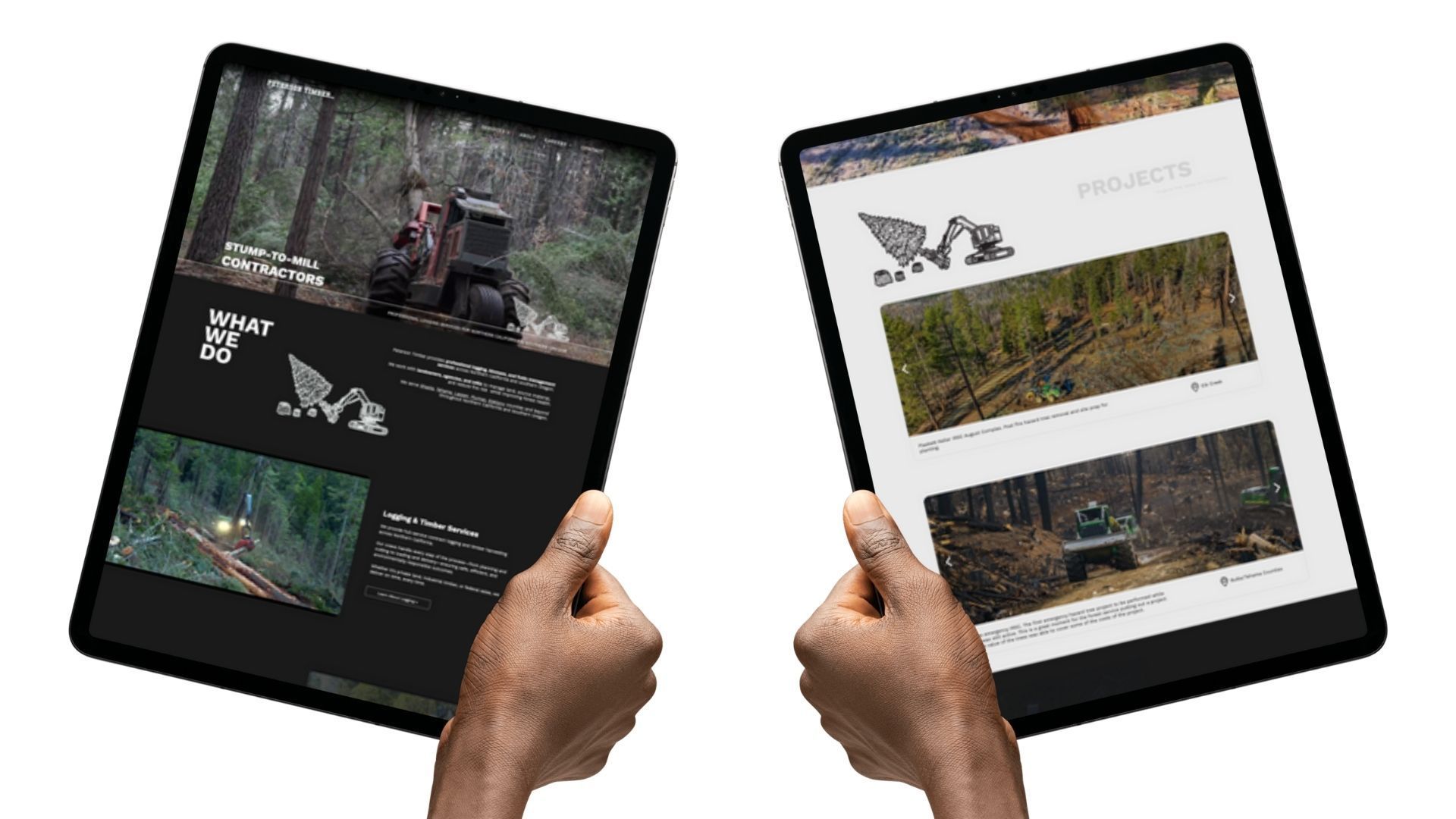 Hands holding two tablets displaying forestry equipment information.