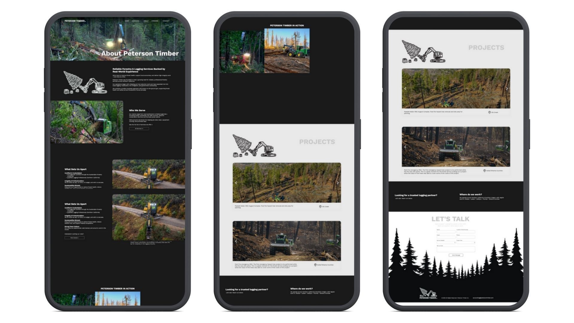 Three mobile screens displaying a website about forestry, with photos of logging equipment and felled trees.