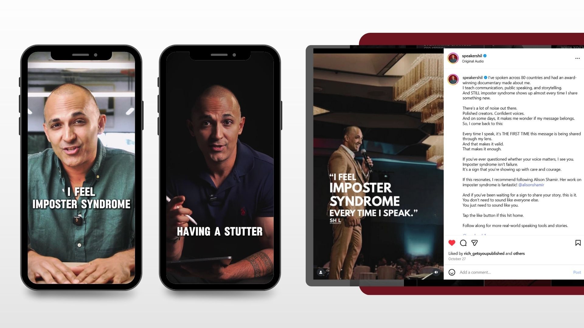 Three digital screens showing a man. Two are smartphones, the other a tablet, displaying the same man speaking, including text about