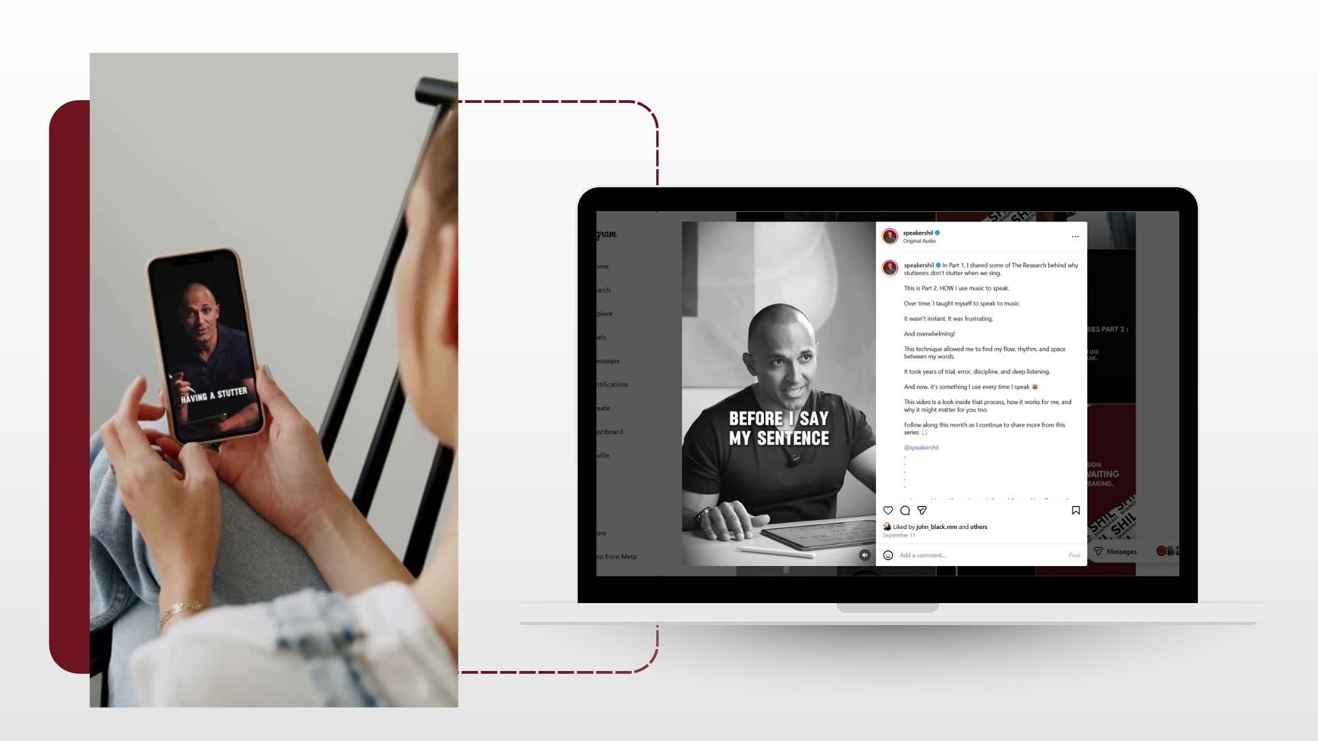 Person holding a phone with a video of a man on the screen, next to a laptop displaying the same man’s social media post.