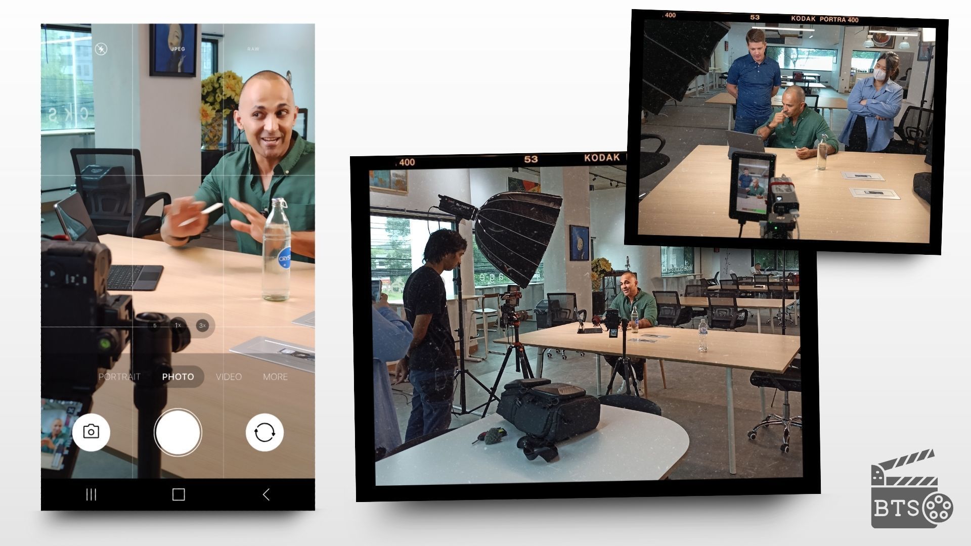 A man smiling, filming with a smartphone. Small inset images show a video shoot in progress with people around a table.