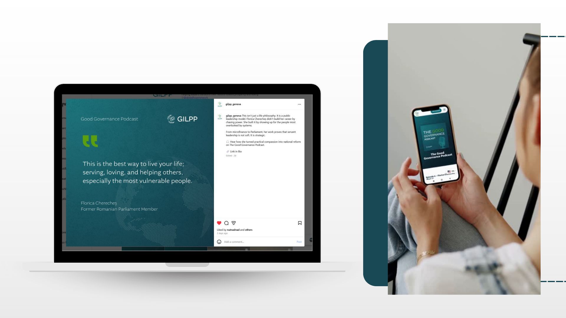Laptop and smartphone displaying data; person holding the phone.