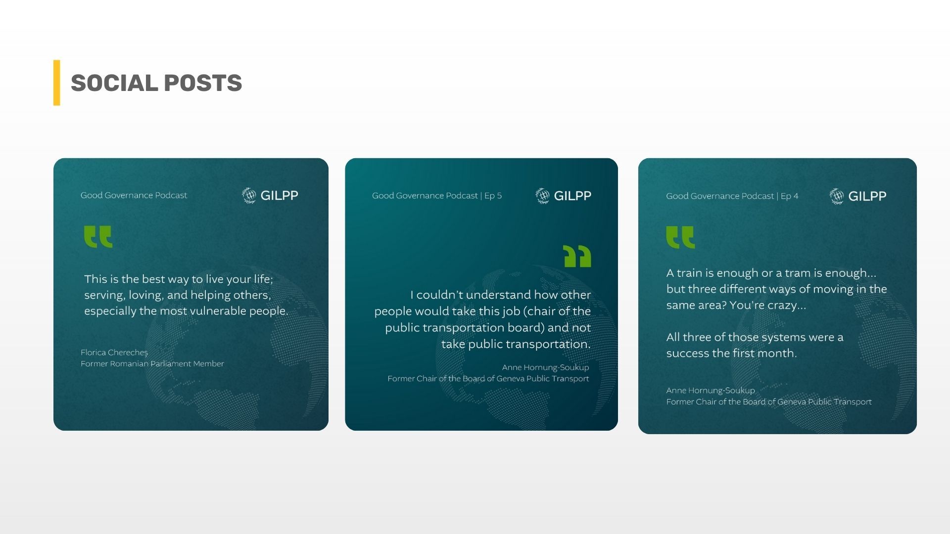 Three social media posts with quotes on a green background.