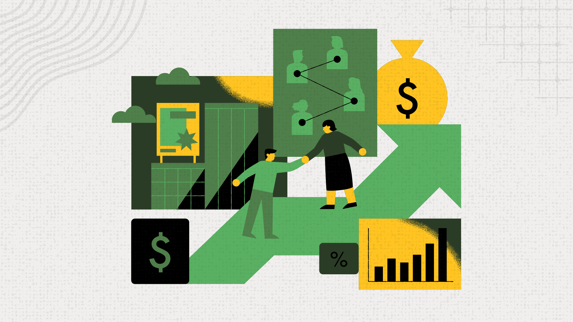 Business people shaking hands on a rising green arrow; money bag, chart, and other business symbols.