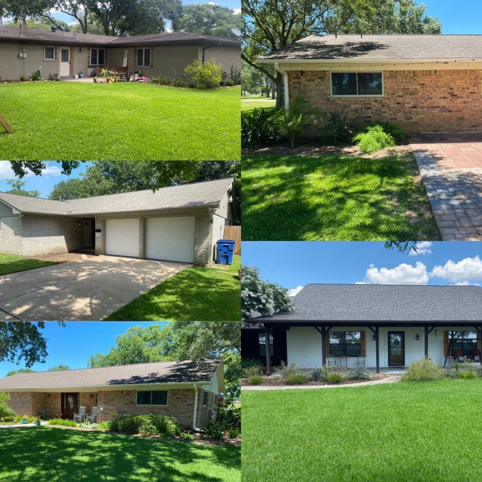 Collage of six suburban houses with green lawns and various architectural styles.