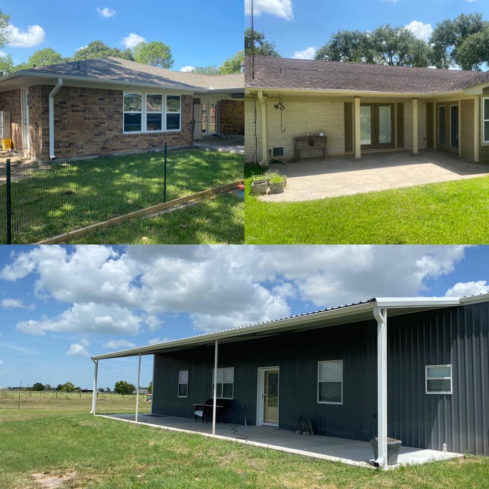 Three houses with guttering, one brick, one beige, and one gray, all under blue skies.