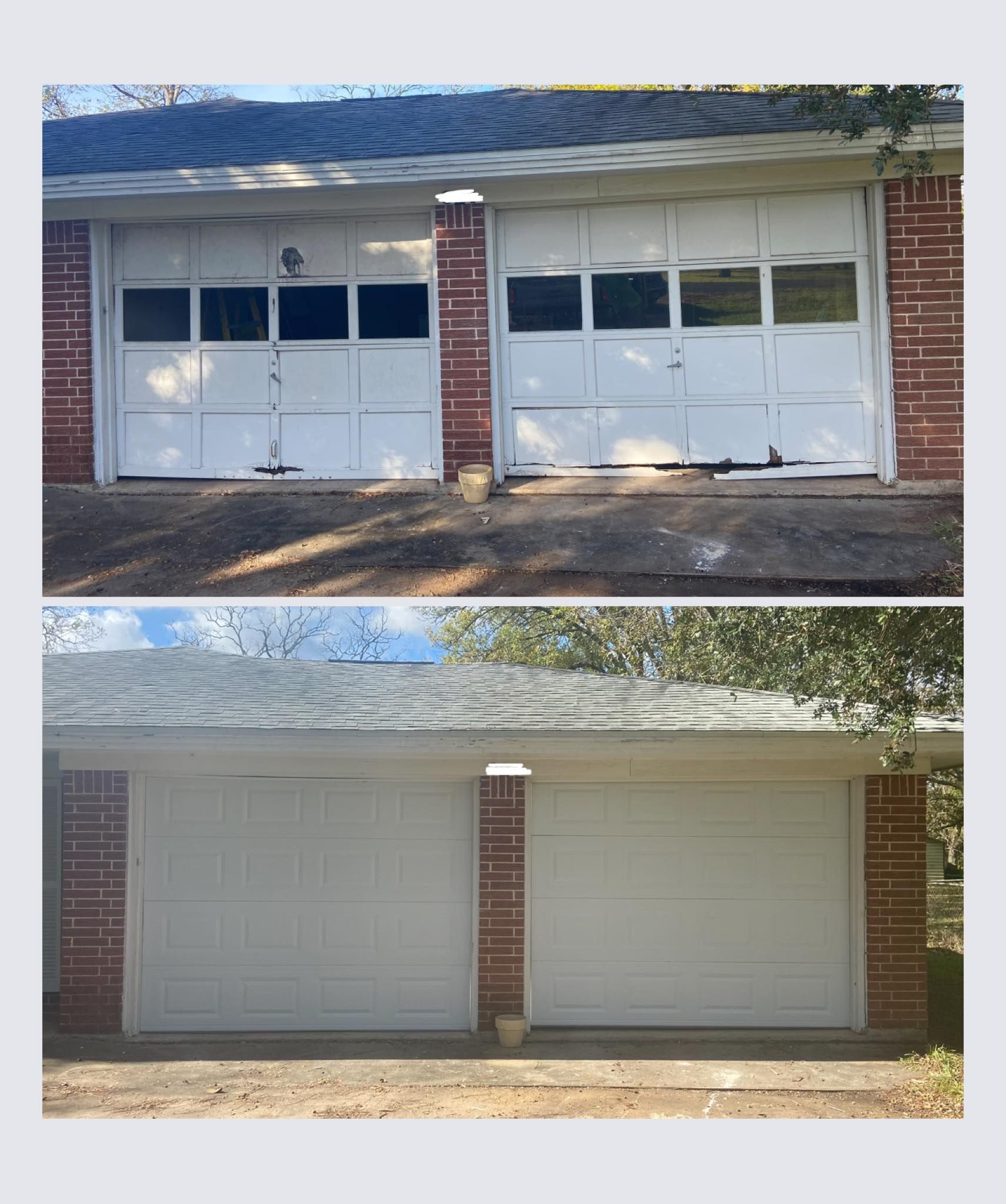 Garage doors before and after renovation. The original doors are white, weathered, and have windows. Newly painted doors are solid white.