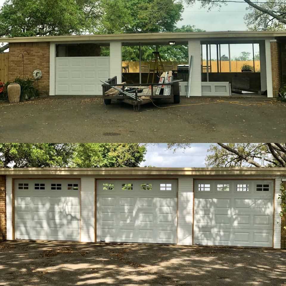 Two photos: Before and after of a garage. The after photo shows three white garage doors.