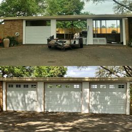 Comparison of a garage before and after a renovation, with three white garage doors.