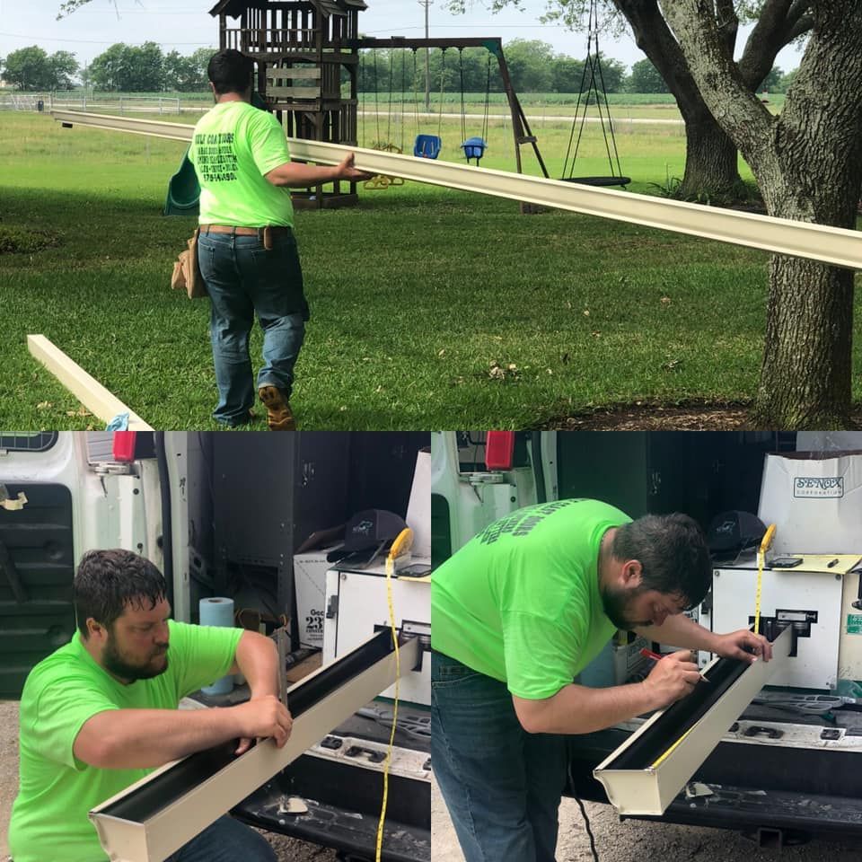 Man in green shirt installing gutters on a sunny day. He is outdoors and working on a truck.